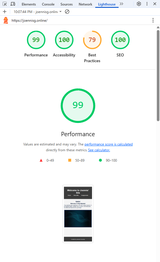 Score for Lighthouse Analysis